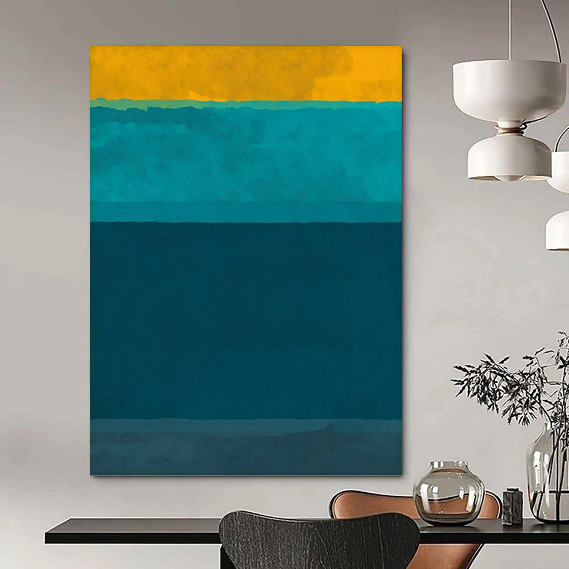 “Sunny Yellow & Ocean - Blue Stripes” - Minimalist Color - Block Painting On Canvas DKH1623