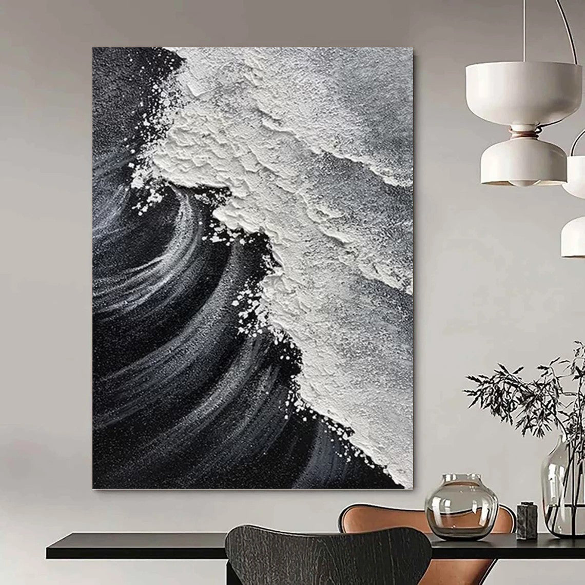 “Black & White Wave Textures” - Minimalist Seascape Painting On Canvas DKH1658