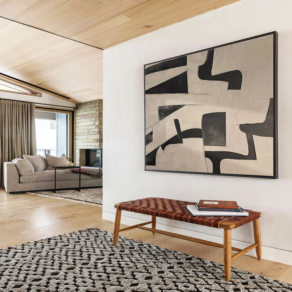 Black and White Geometric Abstract “Bold Geometric Contrast” Painting On Canvas DKH085