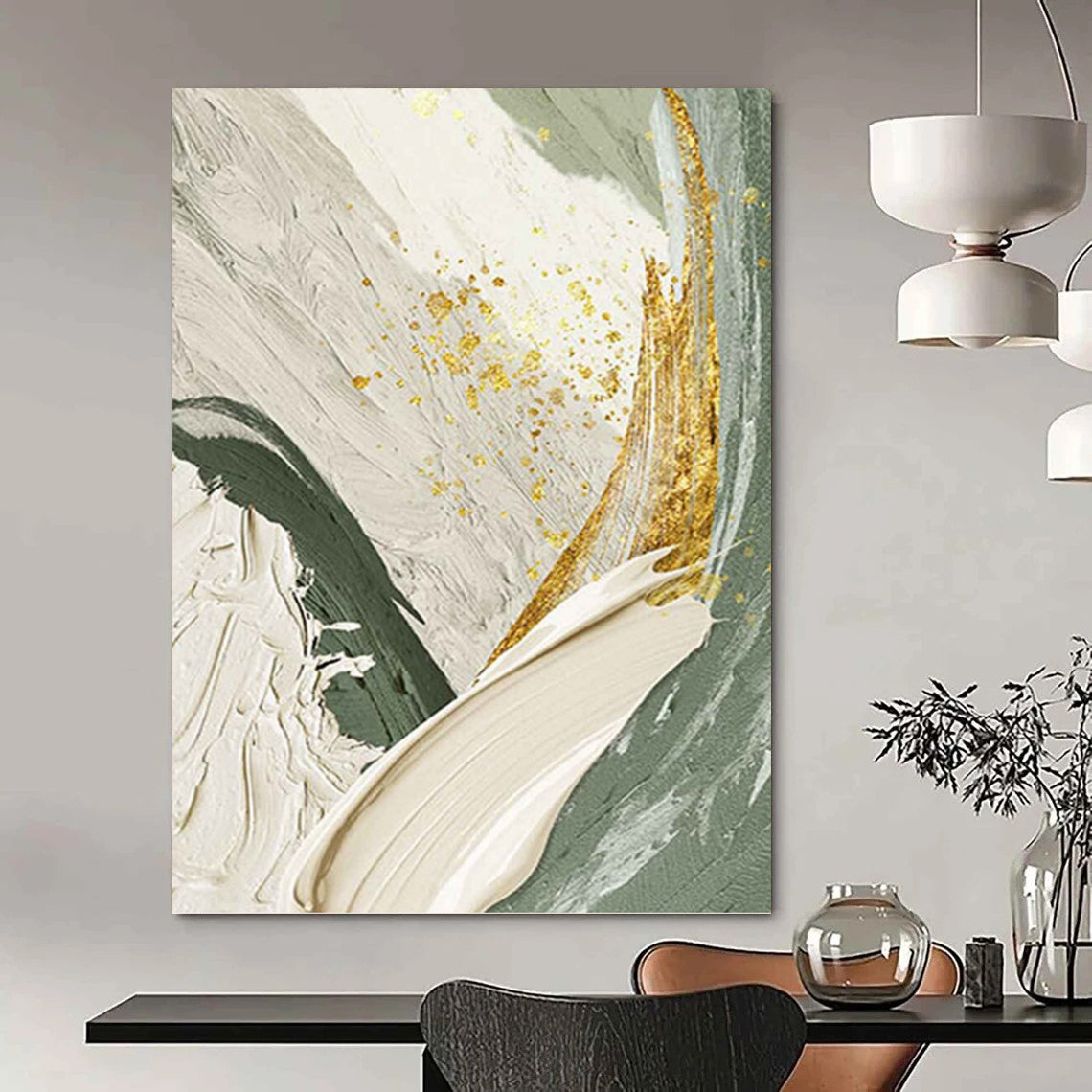 Green, White, and Gold Abstract - Abstract Painting On Canvas DKH1495