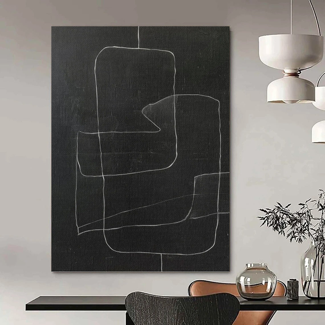 Black & White Geometric Lines - Chalkboard Whimsy Painting On Canvas DKH1150