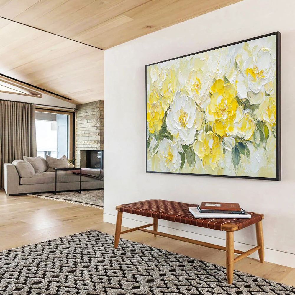 “Sunny Blooms” - Yellow, White Floral Impasto Painting On Canvas DKH696