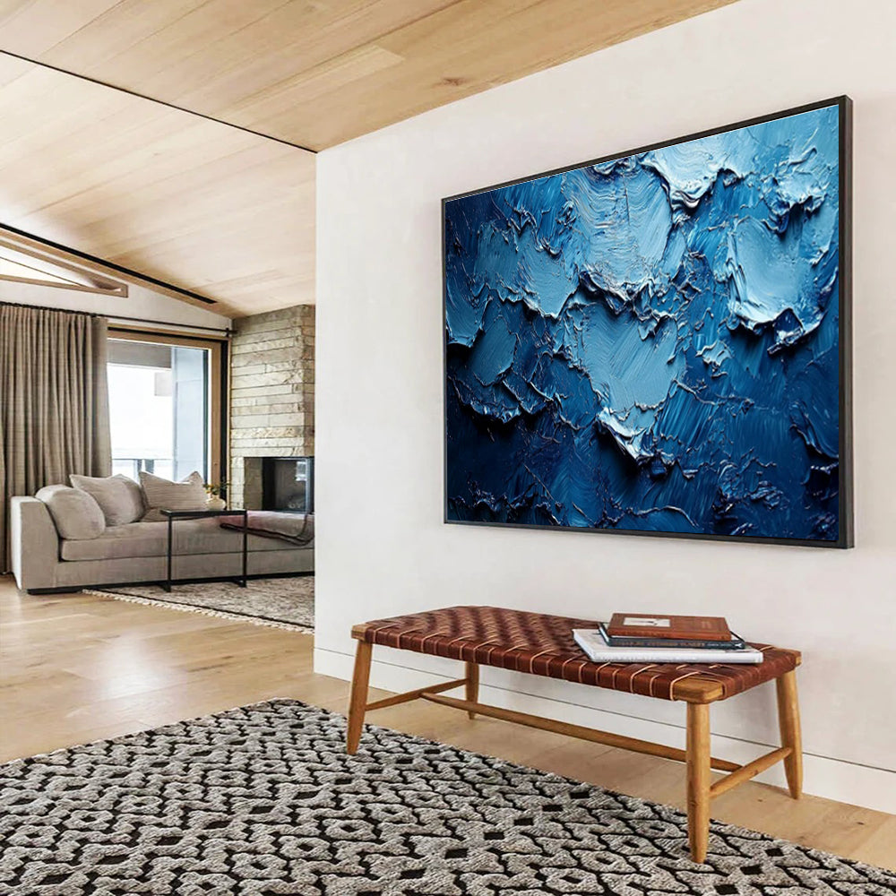 “Cobalt Textured Waves” - Blue, Dark Blue Impasto Abstract Painting On Canvas DKH758