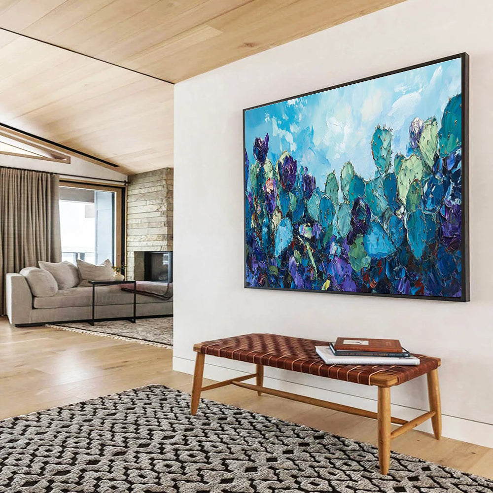 “Blue Cactus Field” - Vibrant Desert Painting On Canvas DKH827