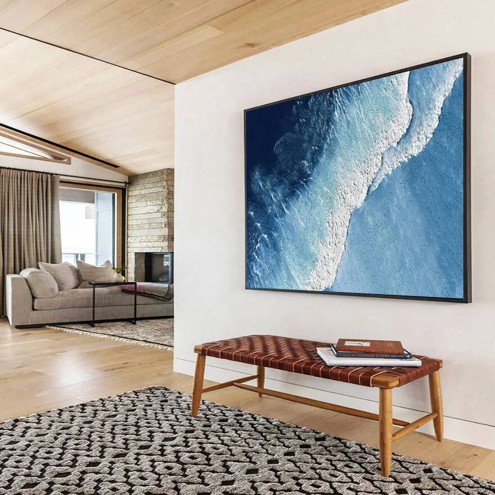 “Aerial Ocean View” - Deep Blue & White Wave Abstract Painting On Canvas DLZ256