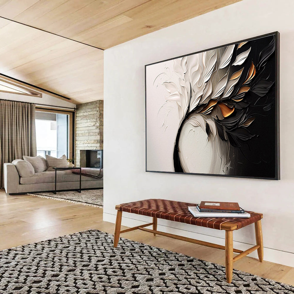 “Textured White & Gold Foliage” - White, Black, Gold 3D Floral Painting On Canvas DKH748