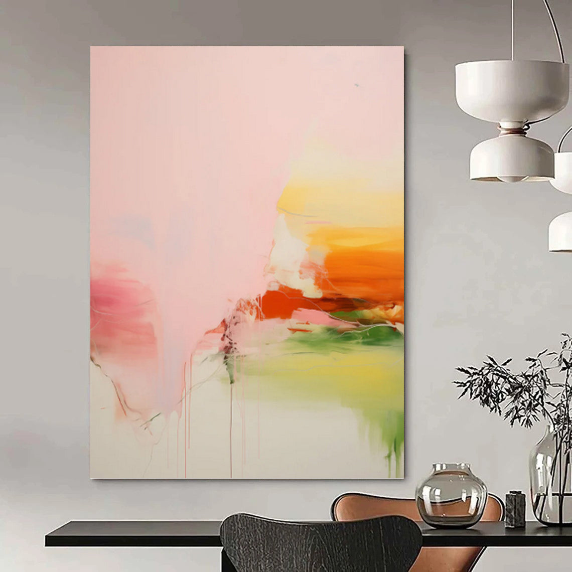 “Pink, Orange & Green Fluid Abstract Drip” Painting On Canvas DKH0991
