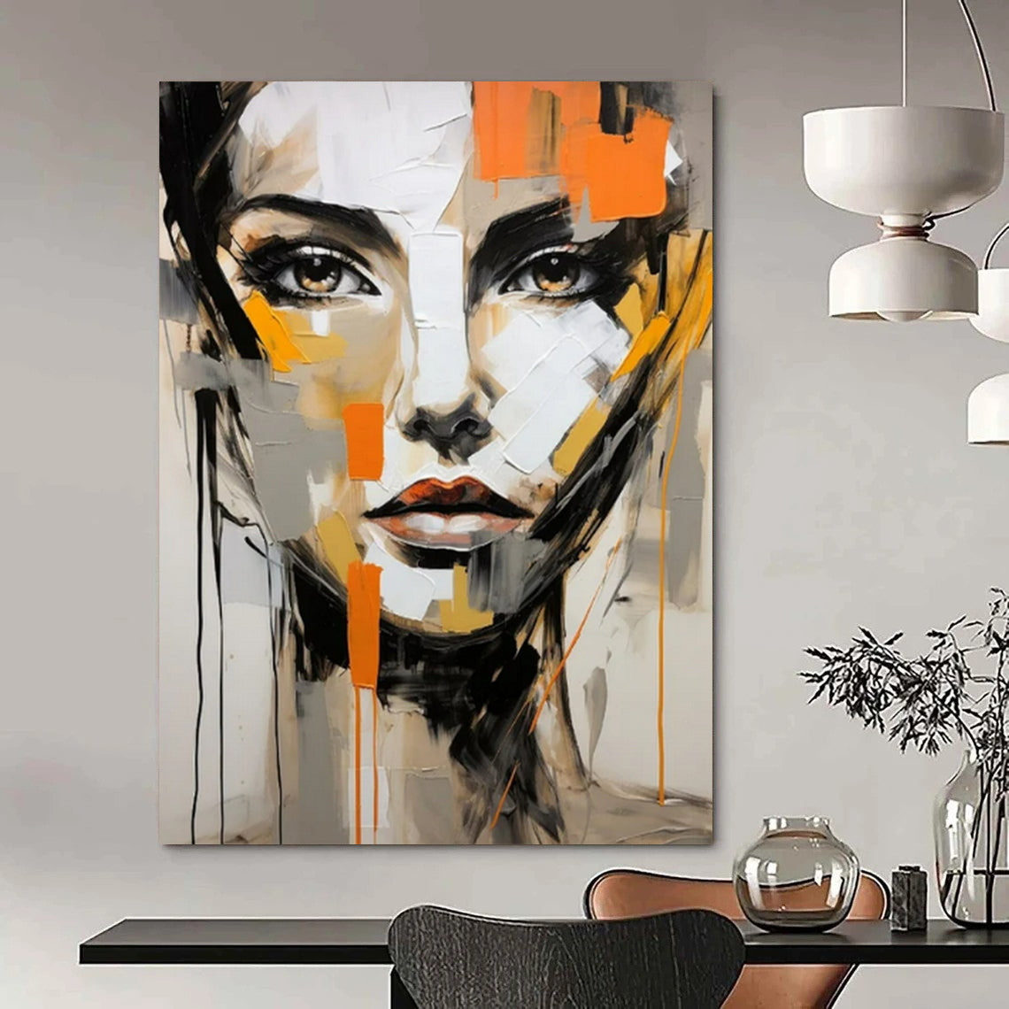 “Abstract Face” - Gray, Orange & Black Portrait Painting On Canvas CT2215