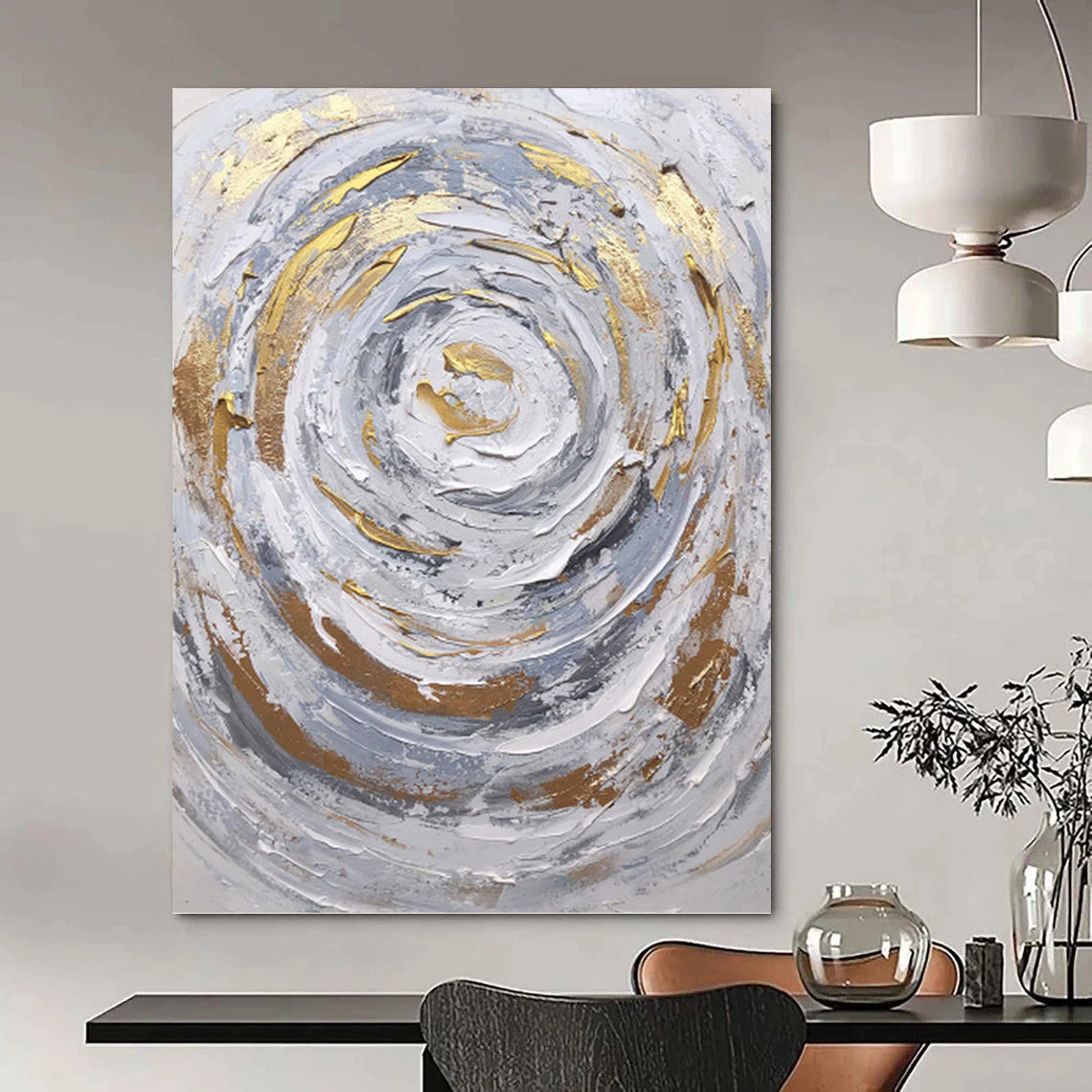 Silver - Gray and Gold Swirl - Abstract Impasto Painting On Canvas DKH1286