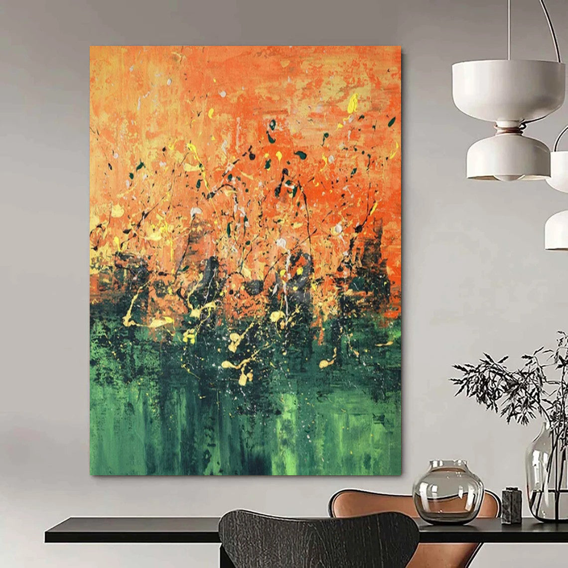 “Orange - Green Splatter Abstract” ,Abstract Expressionist Acrylic Painting CT0926