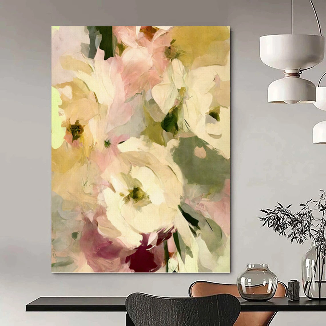Pale Pink and Yellow Floral Bunch - Delicate Flower Painting On Canvas DKH1354