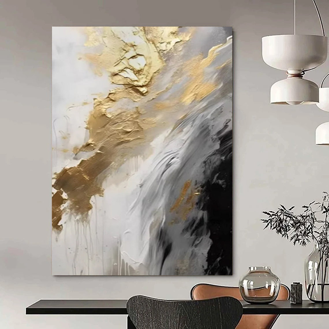 “Gold - White - Gray Flowing Abstract” - Gold, White, Gray Fluid Abstract Painting On Canvas DTP302