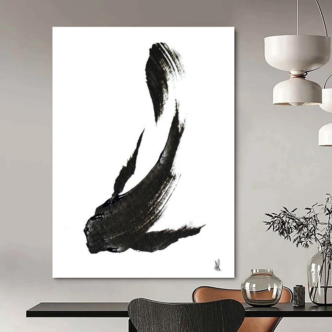 “Ink - Black Fish Silhouette” - Minimalist Ink Painting On Canvas DTP181