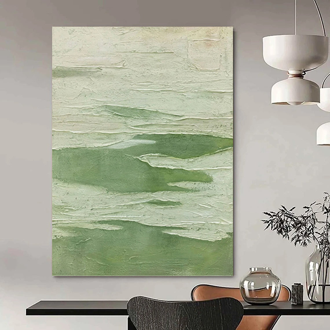 “Textured Green & White Layers” - Green & White Textured Abstract Painting On Canvas DKH1217