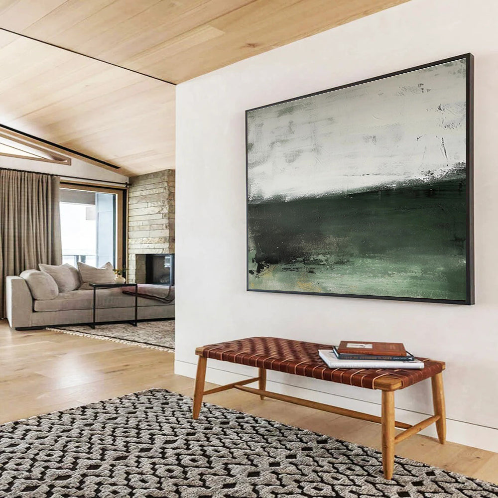 Muted Green and White Horizons Subtle Color Block Abstract Painting On Canvas DKH264