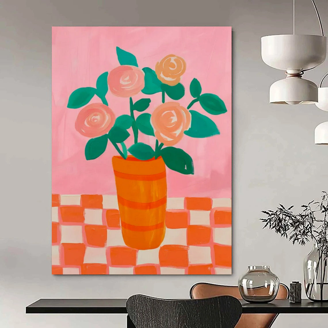 Pink & Orange Floral Vase - Folk - Art - Inspired Still - Life Painting On Canvas CT2258