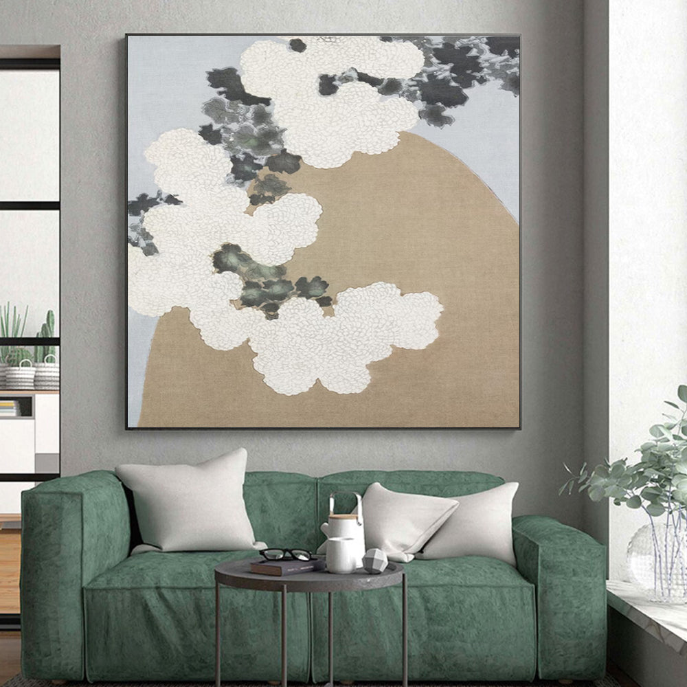 White Flowers & Gray Foliage on Beige, “Chrysanthemum Serenity” - Traditional - Inspired Acrylic Painting CT0750