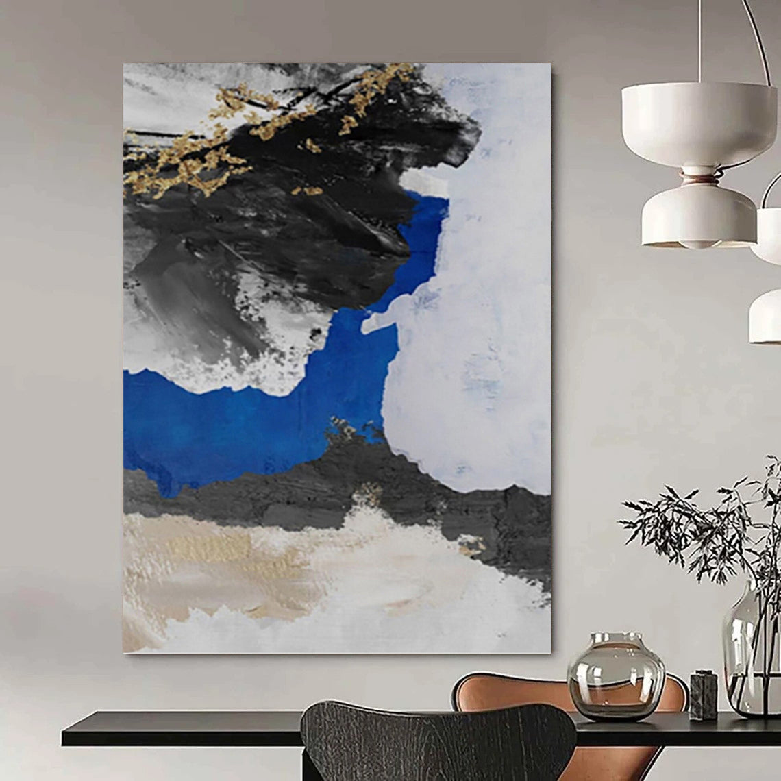 “Black - Blue - Gold Abstract Ink - Inspired” Painting On Canvas DKH1231