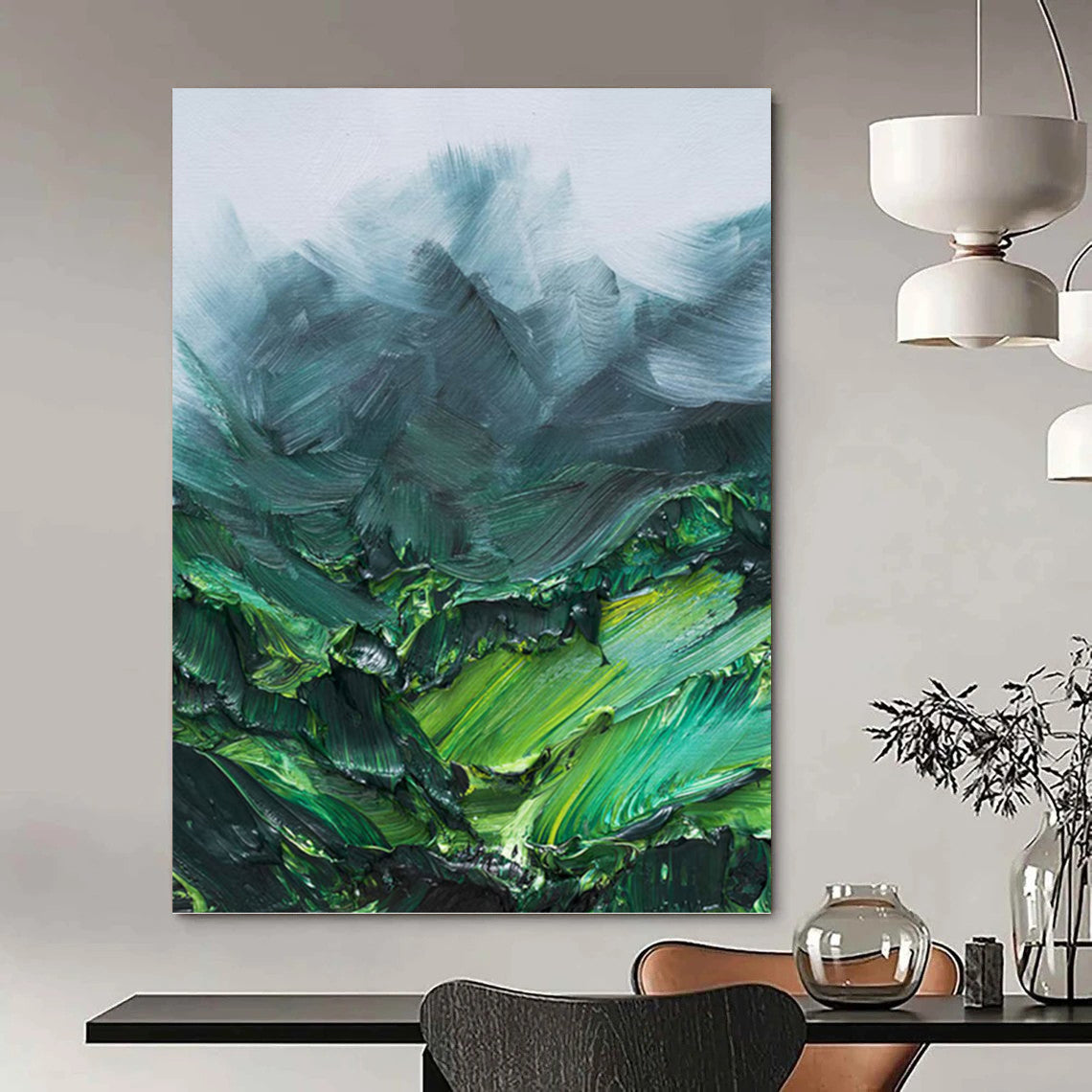 “Green Mountain Impasto” - Green, Teal & Gray Textured Landscape Painting On Canvas DKH0944