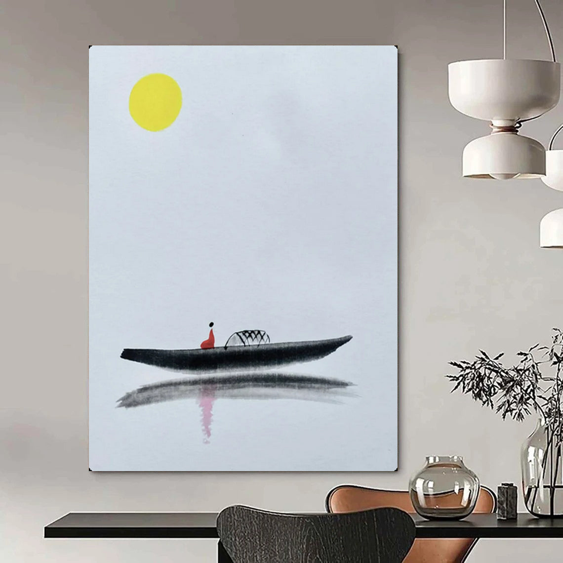 “Minimalist Chinese - Style Boat Scene” – Ink Wash - Inspired Painting On Canvas CT2163