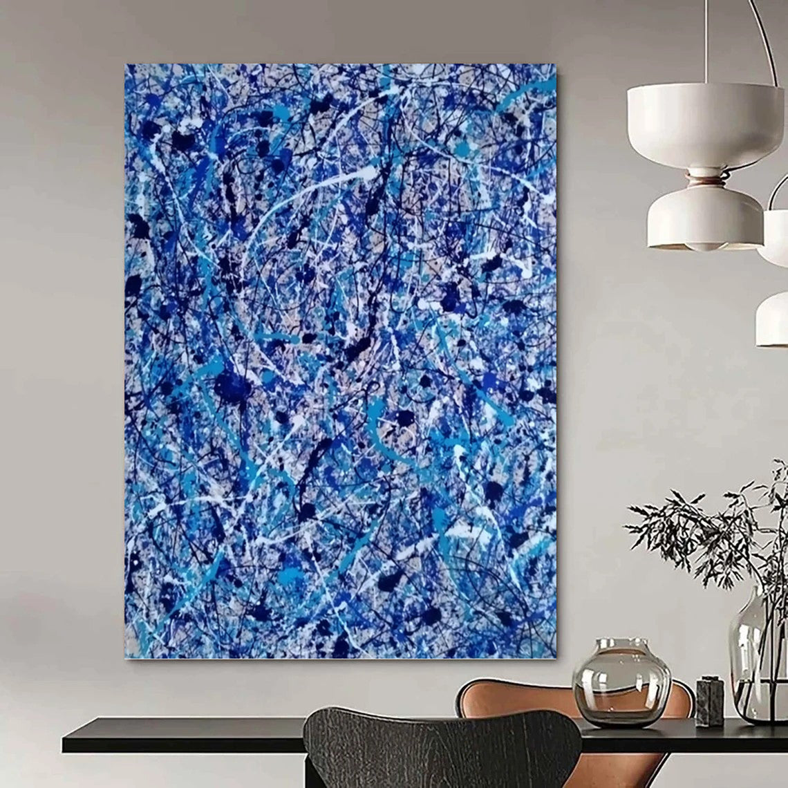 “Chaotic Blue Web” - Blue, White, and Black Abstract Drip Painting On Canvas DKH1560