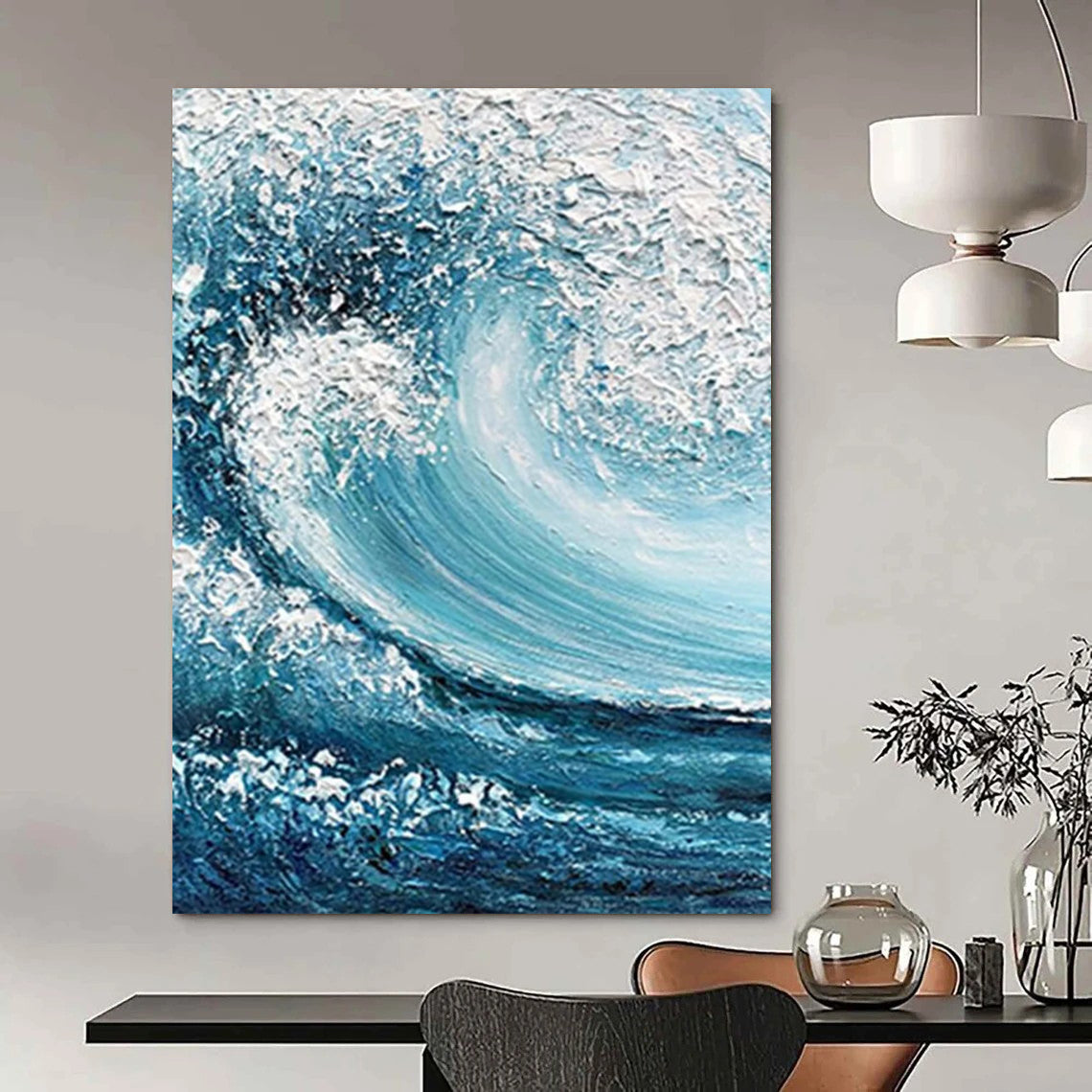 “Blue, White Impasto Wave ‘Crashing Power’” - Textured Sea Wave Painting On Canvas DTP322