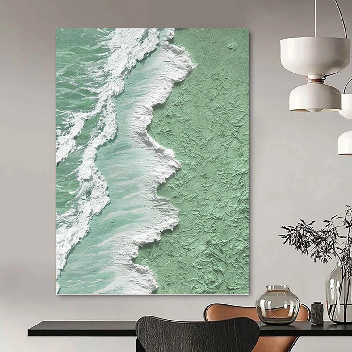 Mint Green, White, and Turquoise Wave Abstract - Abstract Painting On Canvas DKH1505