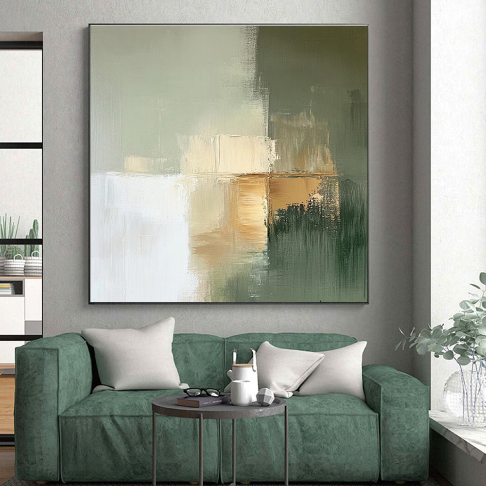 Green, Beige & White Subtle Forms, “Muted Serenity” - Minimalist Abstract Painting CT0770