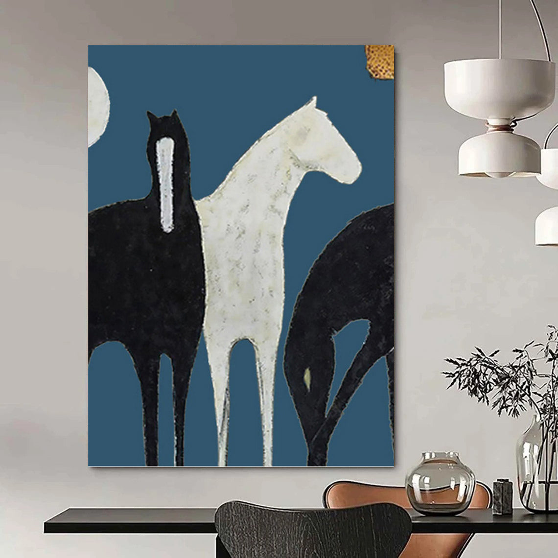 Stylized Black and White Horses on Blue - Equine Painting On Canvas DKH1440