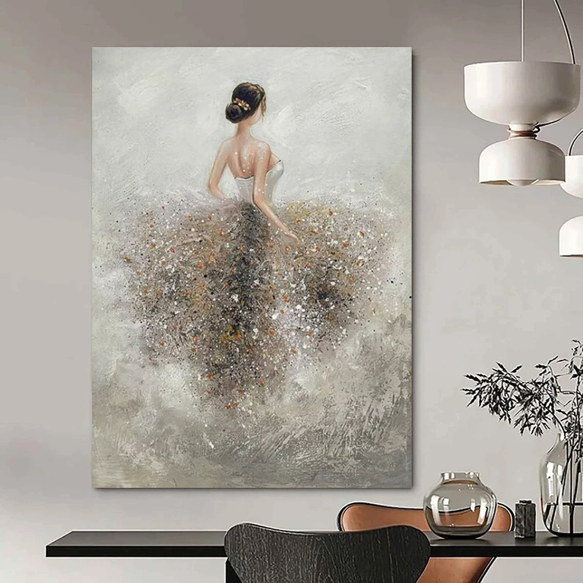 “Ballerina in Sparkling Skirt” - Gray & White Figurative Painting On Canvas CT2208