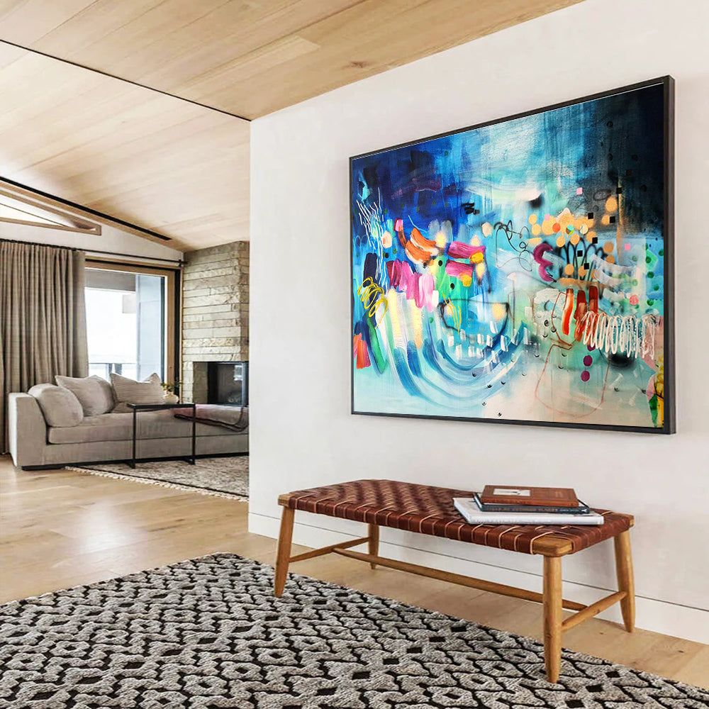 Blue Abstract with Colorful Forms - Eclectic Shapes and Lively Marks Painting On Canvas DKH064