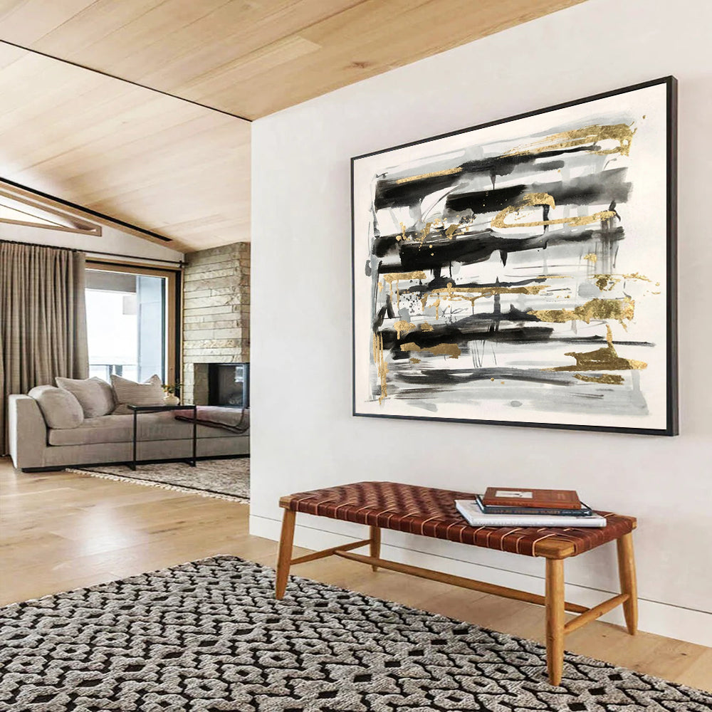 “Black, Gray, and Gold Abstract” - Sophisticated Abstract Painting On Canvas DKH846