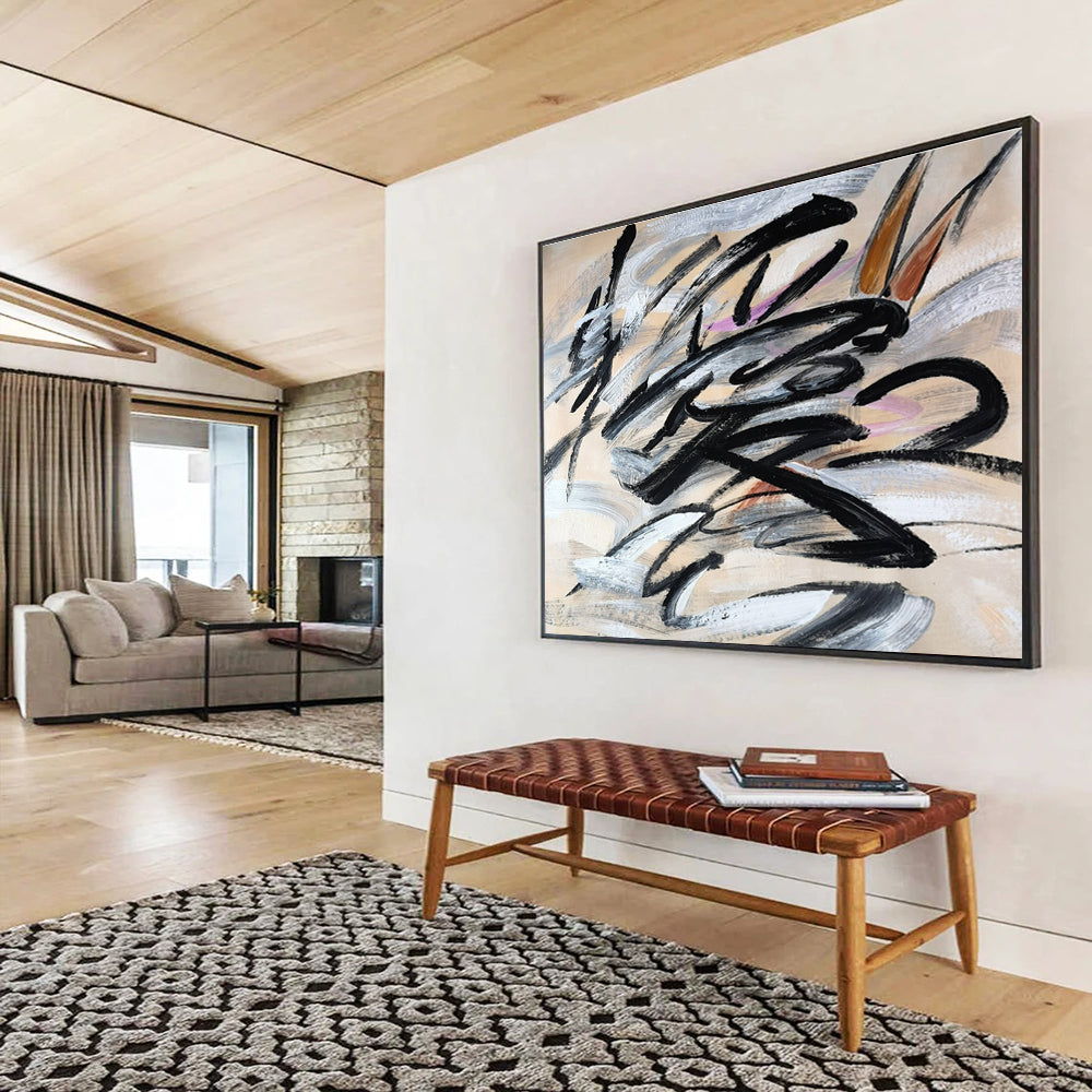 Dynamic Black and Gray Brushstroke Painting On Canvas DKH289