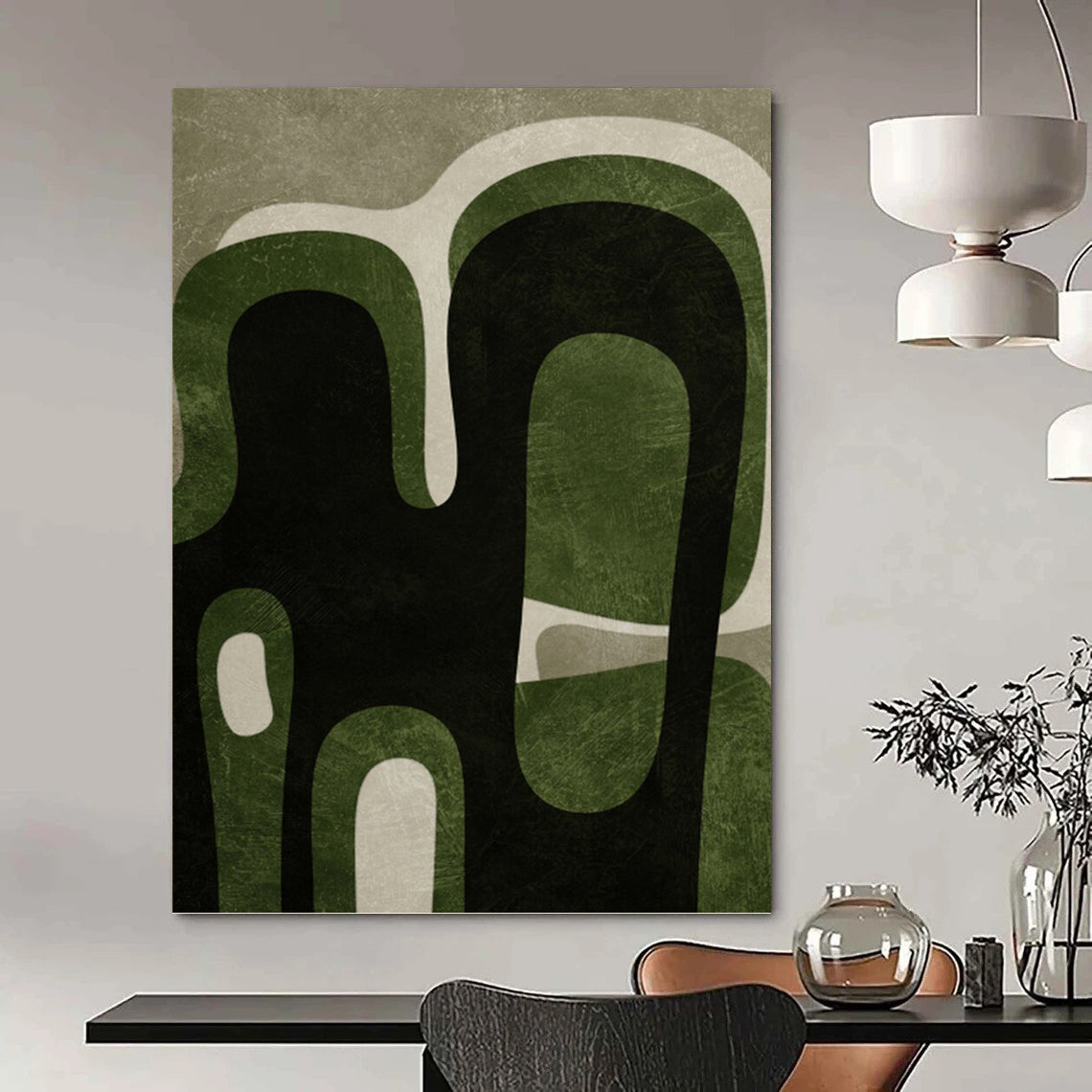 Green and Black Organic Shapes - Abstract Expressionist Painting On Canvas DKH1381