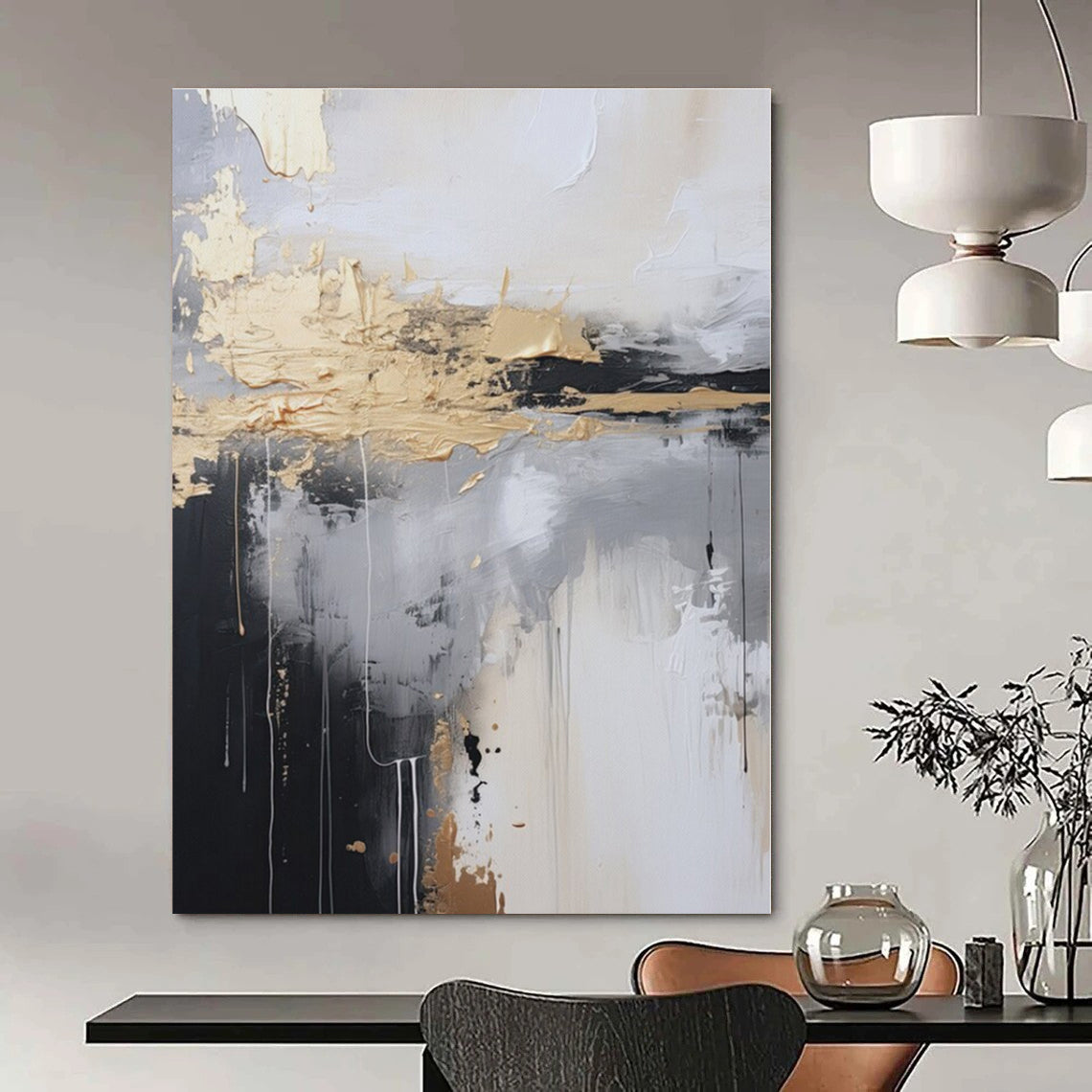 Black - White - Gold Abstract Drips - Abstract Expressionist Acrylic Painting CT1399