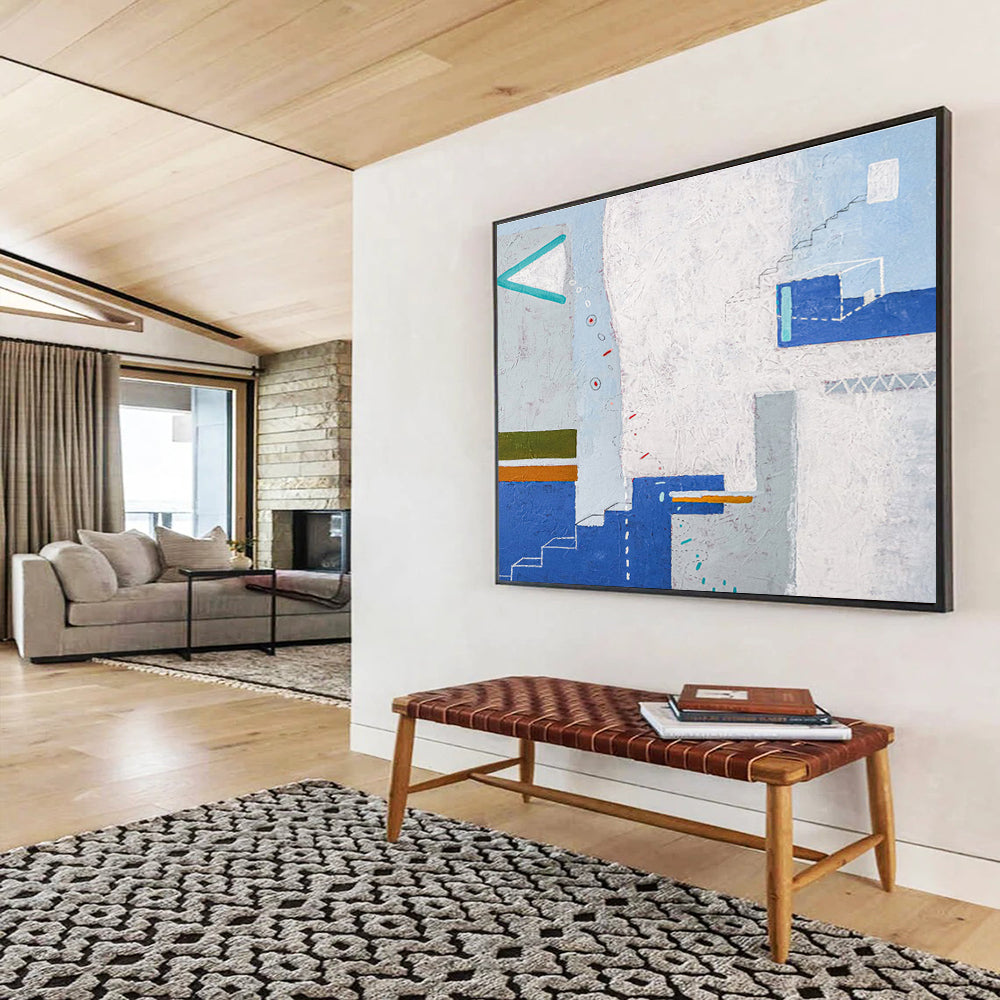 Color - Blocked Geometry with Blue, White, and Earth Tones, Abstract Cityscape Painting On Canvas DKH571
