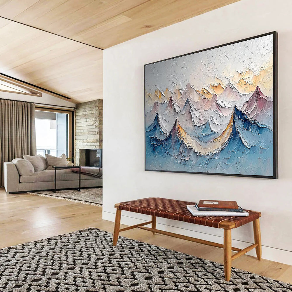 Layered Mountain Peaks - Gray, Blue & Yellow Landscape Painting On Canvas DKH902