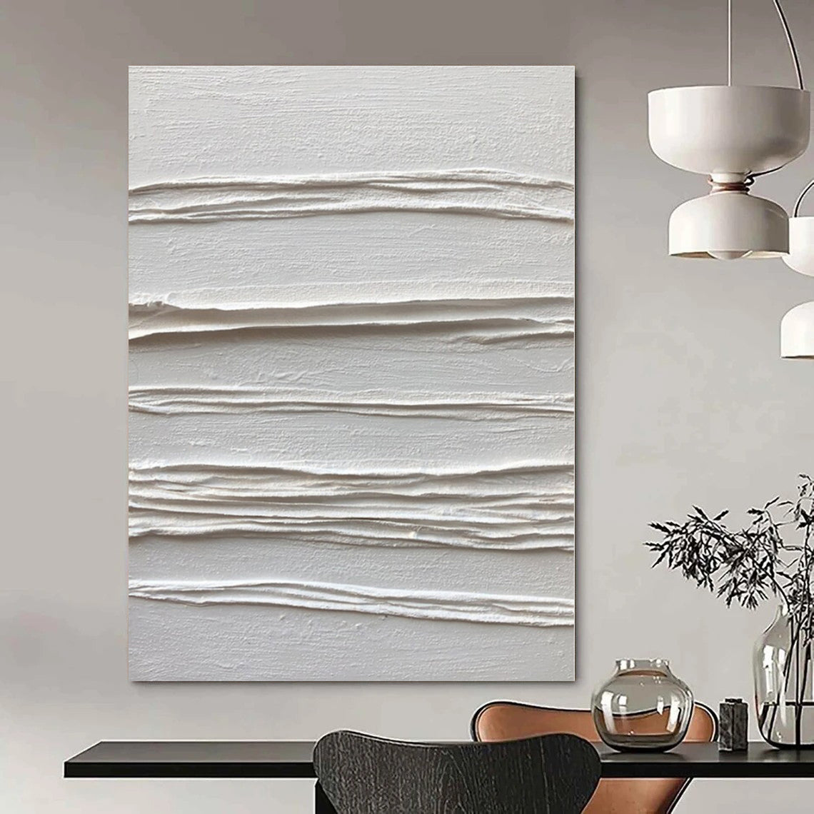 White Textured Linear Abstraction - Minimalist Textured Acrylic On Canvas CT1347