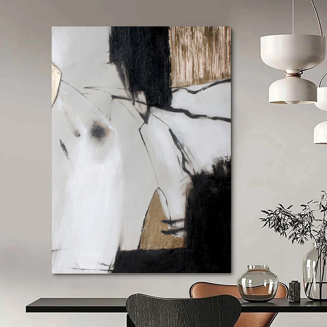 “Black, White & Gold Abstract Lines” - Black, White & Gold Minimalist Painting On Canvas DKH1005
