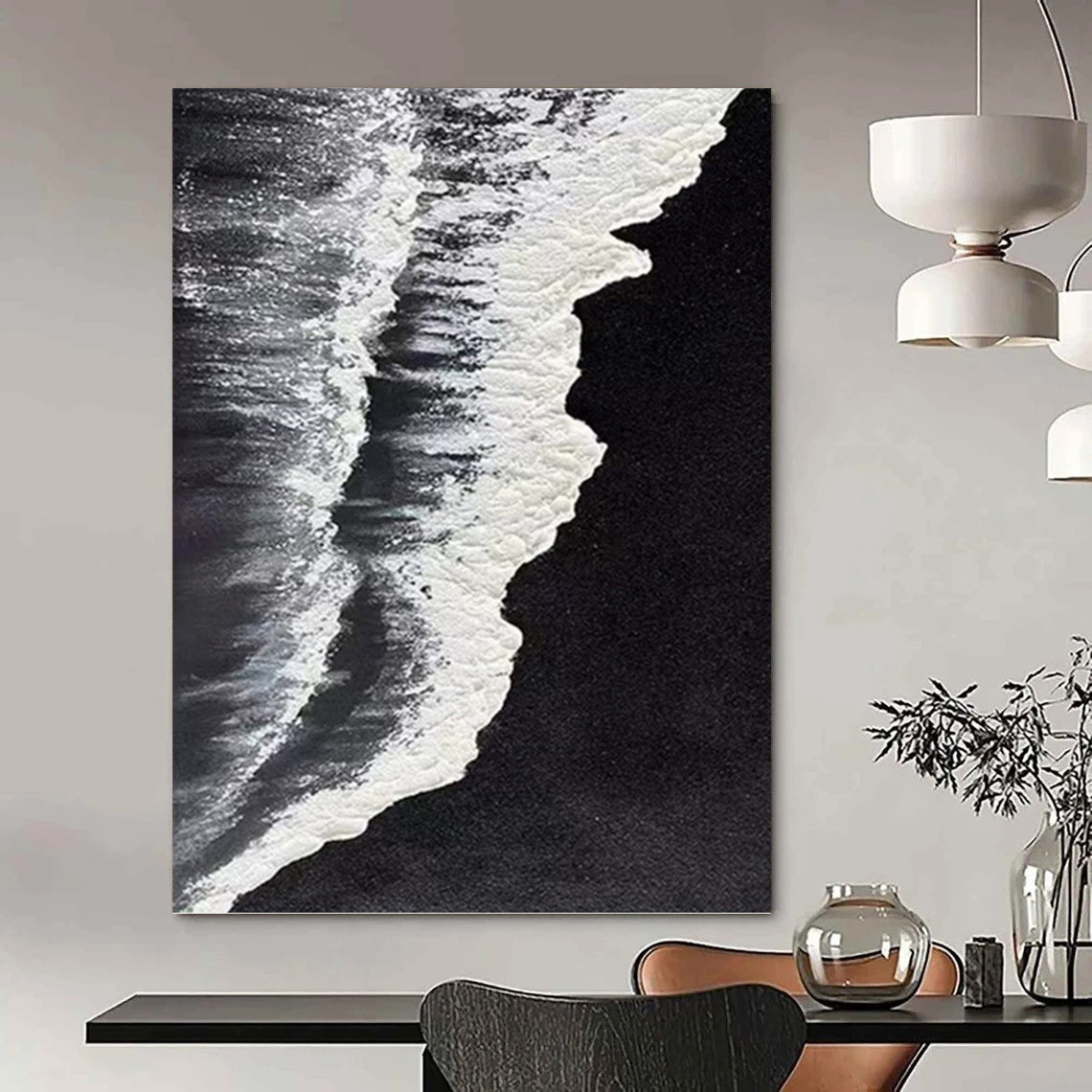“Black - White Wave Detail” - Black & White Textured Seascape Painting On Canvas DKH0962