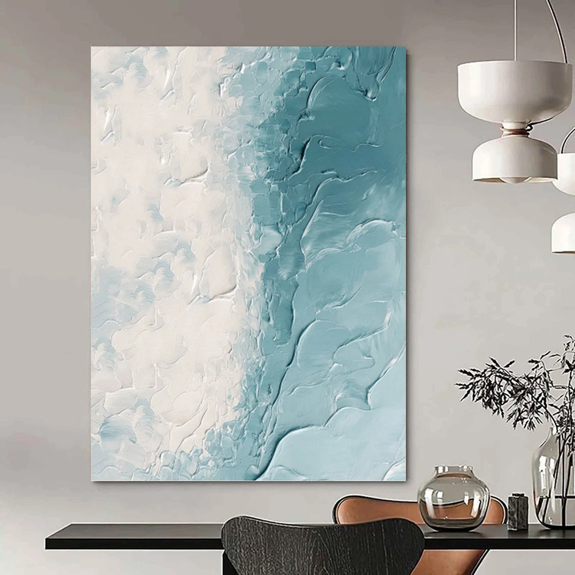 White & Teal Textured Flow - Abstract Impasto Painting On Canvas DKH1250