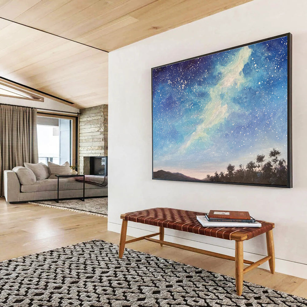 Deep Blue Starry Sky and Silhouetted Trees “Celestial Forest Vistas” Painting On Canvas DKH114
