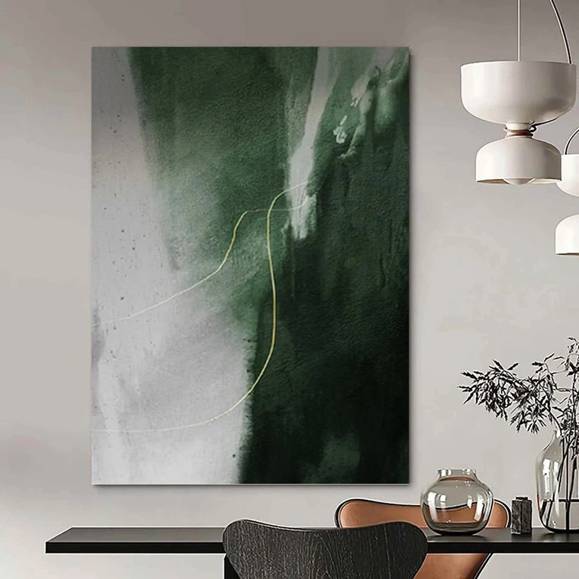 “Green & Gray With Yellow Line” - Green, Gray & Yellow Abstract Painting On Canvas DKH1209