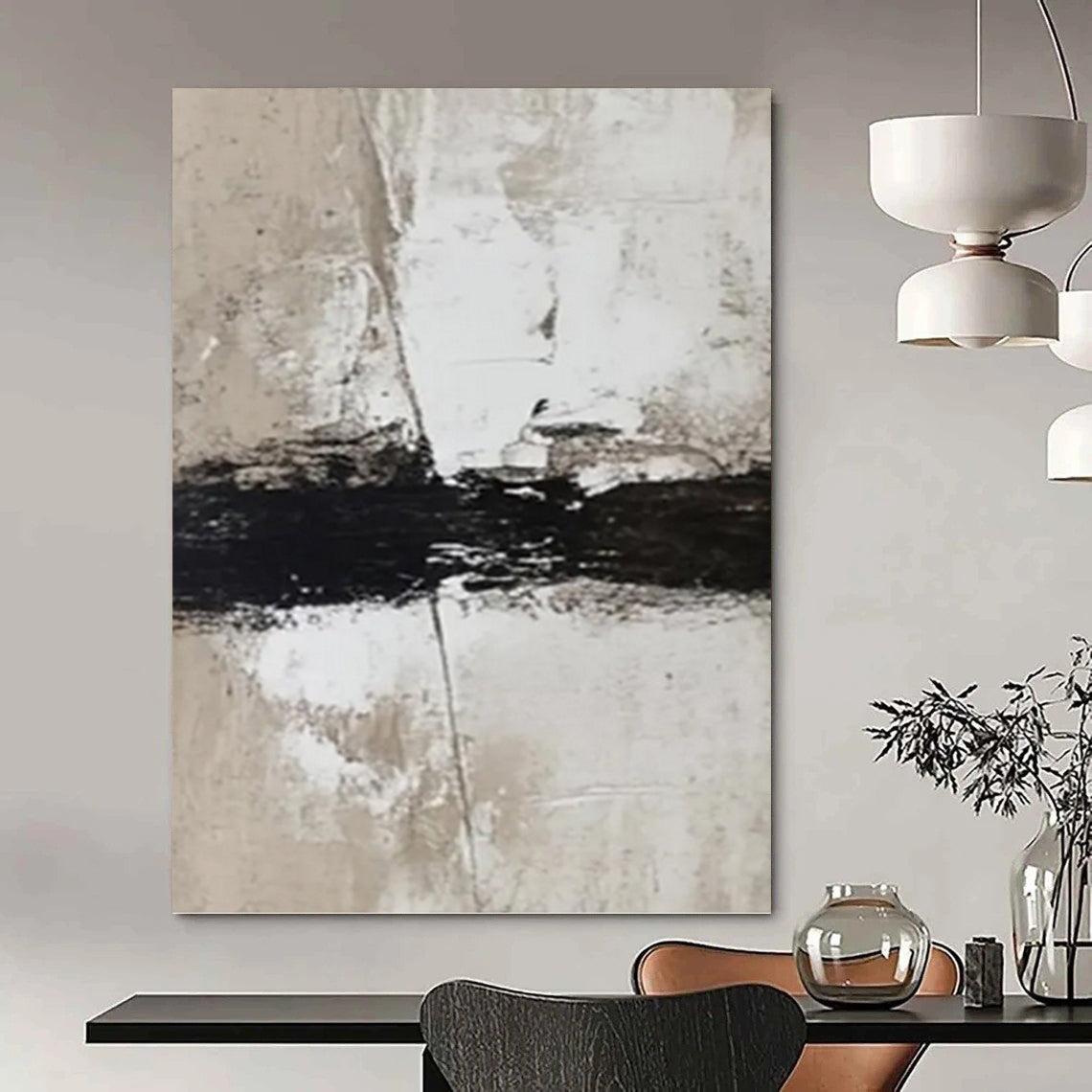 “Beige, White & Black Textured Abstract Strokes” Painting On Canvas DKH0976