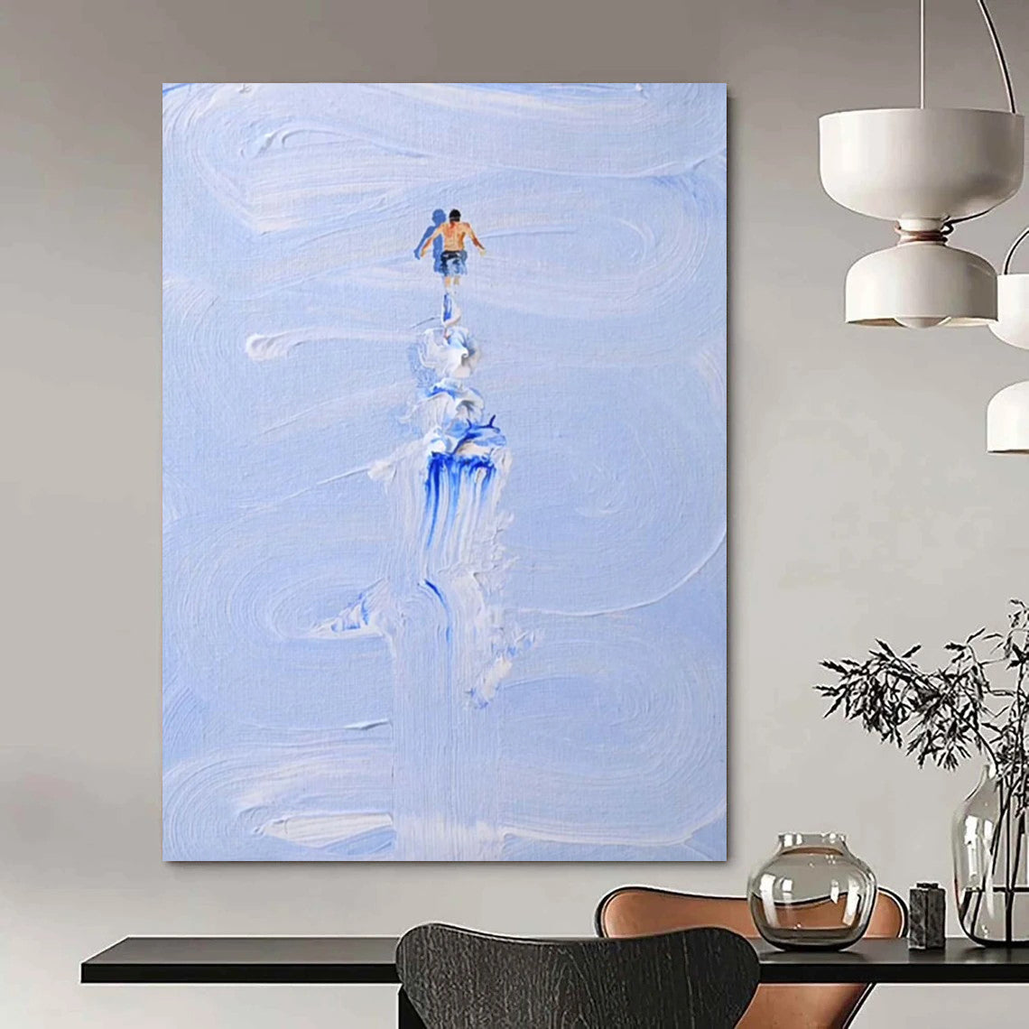 “Blue, White Figure ‘Water Wanderer’” - Impasto Sea & Figure Painting On Canvas DTP327
