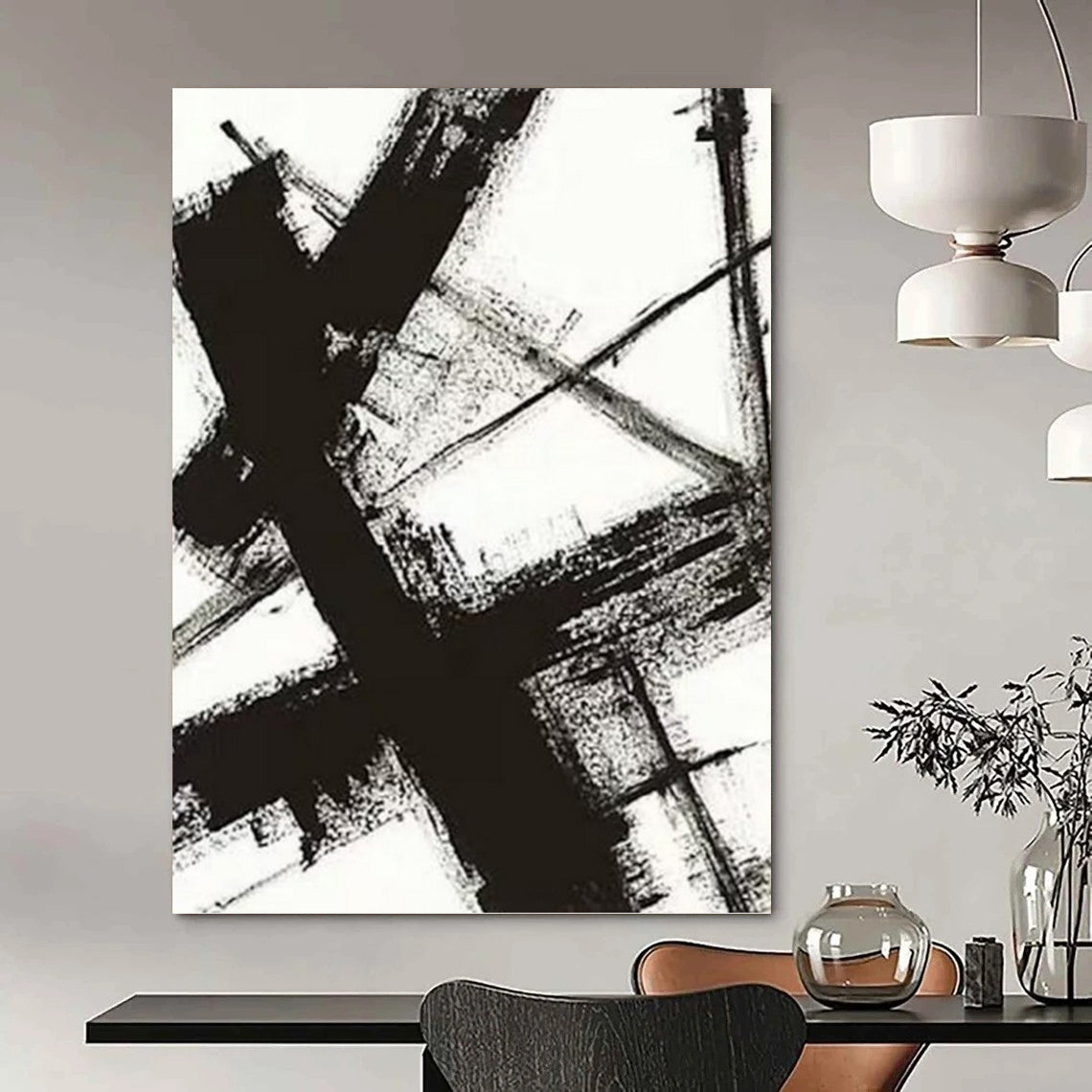 “Black & White Abstract Strokes” - Black & White Bold Minimalist Painting On Canvas DKH1028
