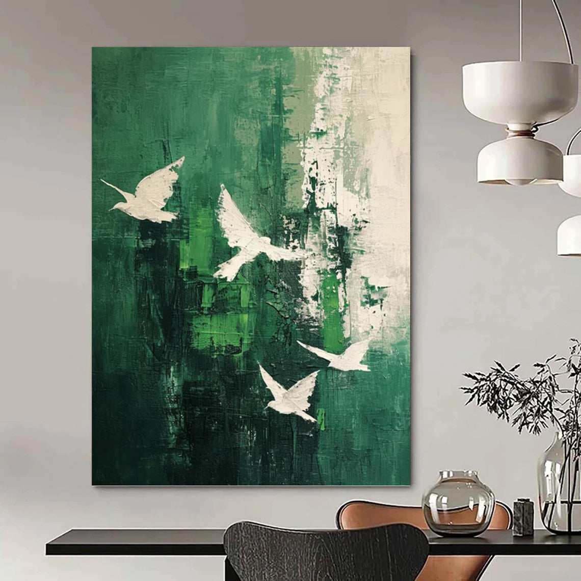 White Doves on Green Abstract - Abstract Painting On Canvas DKH1311
