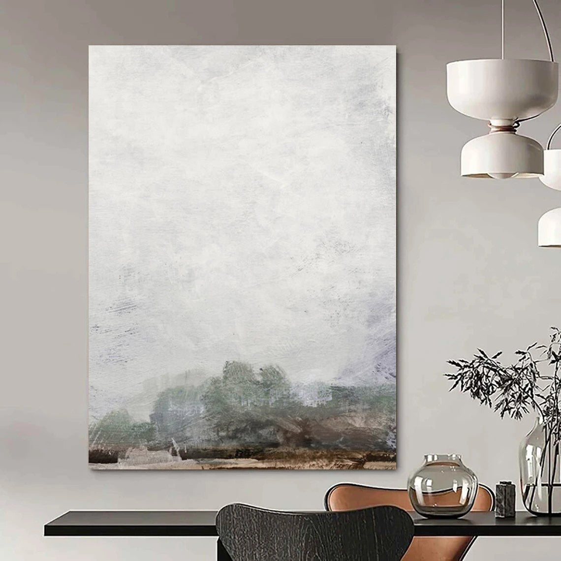 “Foggy Gray Horizon” - Gray, Green Abstract Landscape Painting On Canvas DTP222