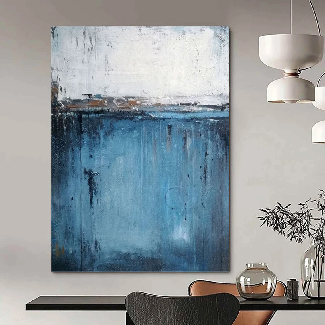 “Minimalist Drips” - Blue and White Abstract with Dripping Effects Painting On Canvas DKH1558