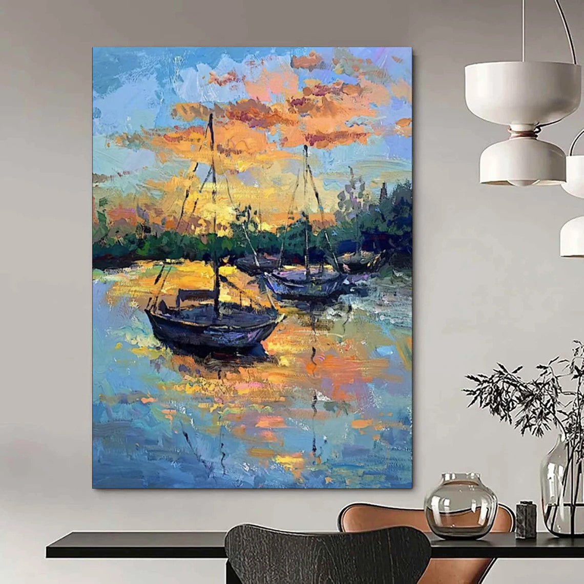 “Harbor at Sunset: Boats in Fiery Skies” - Impressionist Maritime Oil on Canvas CT1882